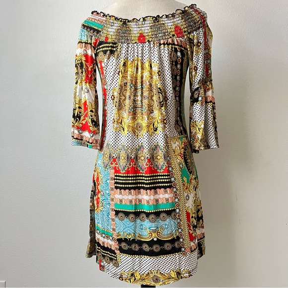Boho Gypsy Trendy Multicolored Short Sleeve Off-shoulder Mini Dress - Picture 2 of 5
